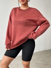 SHEIN Essnce 字母圖案圓領落肩休閒時尚衛衣 - 鏽棕色 - 查看 6