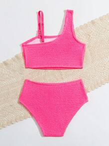 粉色夏日海滩少女不对称领口比基尼套装 - 粉色 - 查看 2