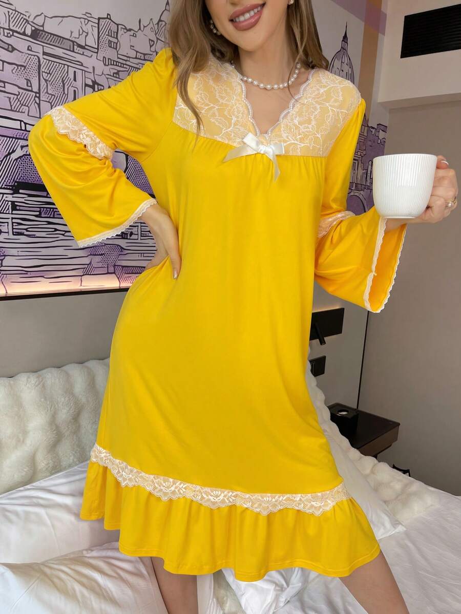 Women's Lace Splicing Frilled Hem Sleep Dress - Yellow - View 1