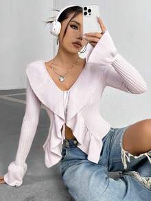 SHEIN Unity 女士實色荷葉邊燕尾袖系帶開襟針織外套 - 灰色 - 查看 6