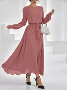 SHEIN Privé Solid Color Women's Belted Dress Modest Dress - Dusty Pink - View 3