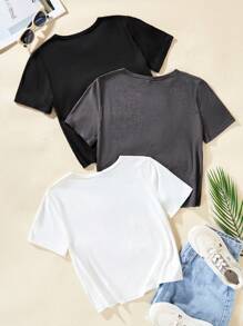 Áo thun ngắn tay dáng casual cho nữ tuổi teen, bộ 3 chiếc, cổ tròn, dễ phối đồ hàng ngày. - Nhiều màu - Xem 2