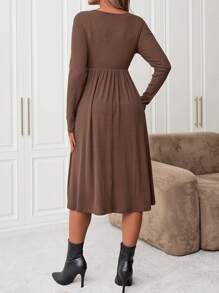 SHEIN Maternity V-neck Cross-pleat Long-sleeved Nursing Dress - Brown - View 2
