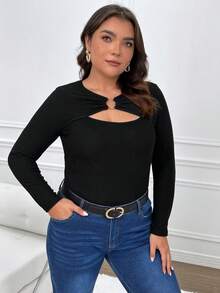 SHEIN Franclia Plus Size Women Solid Color Round Ring Connection Hollow Long Sleeve Ribbed Casual T-Shirt, Autumn - Black - View 7