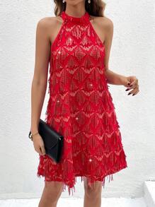 SHEIN Clasi Của phụ nữ Màu thuần Kim sa Váy không tay - Đỏ - Xem 6