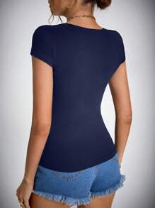 SHEIN Tall Của phụ nữ Thon gọn Áo thun Với Chải Đường viền cổ chữ V - Màu xanh hải quân - Xem 2
