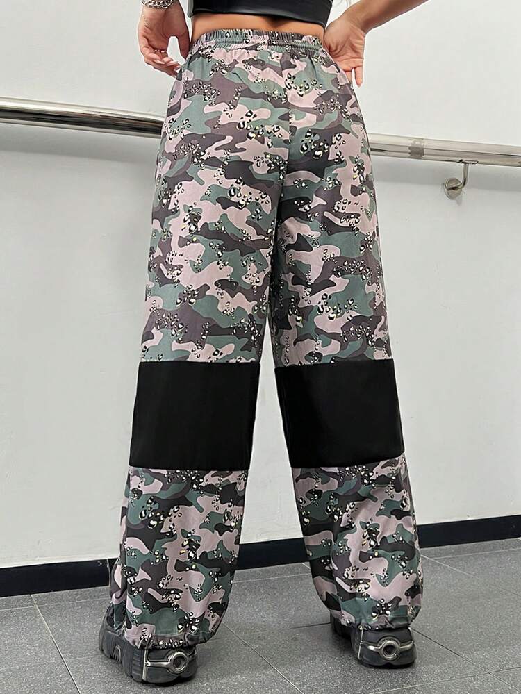 Women's Patchwork Drawstring Waist Wide Leg Pants With Pocket Decoration