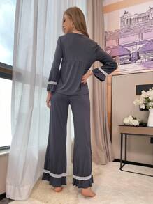 Women's Comfortable Lace Trim Loose Pajama Set - Dark Grey - View 2