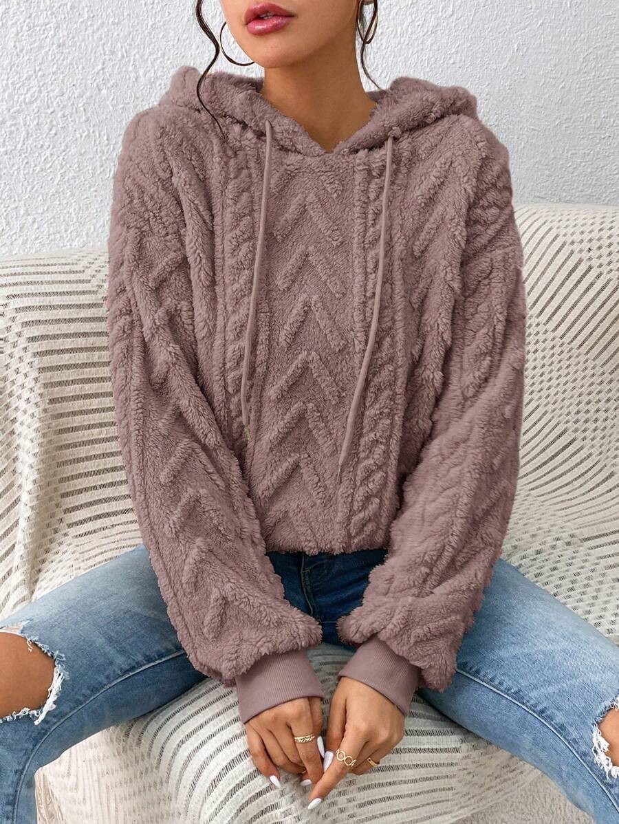 SHEIN Frenchy 下墜肩帶束口teddy毛呢連帽衫 - 珊瑚粉 - 查看 1