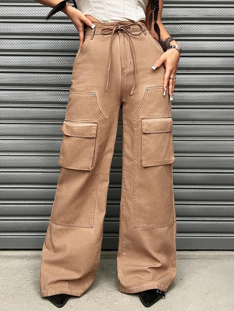 Women's Retro Distressed High Waist Drawstring Denim Cargo Pants