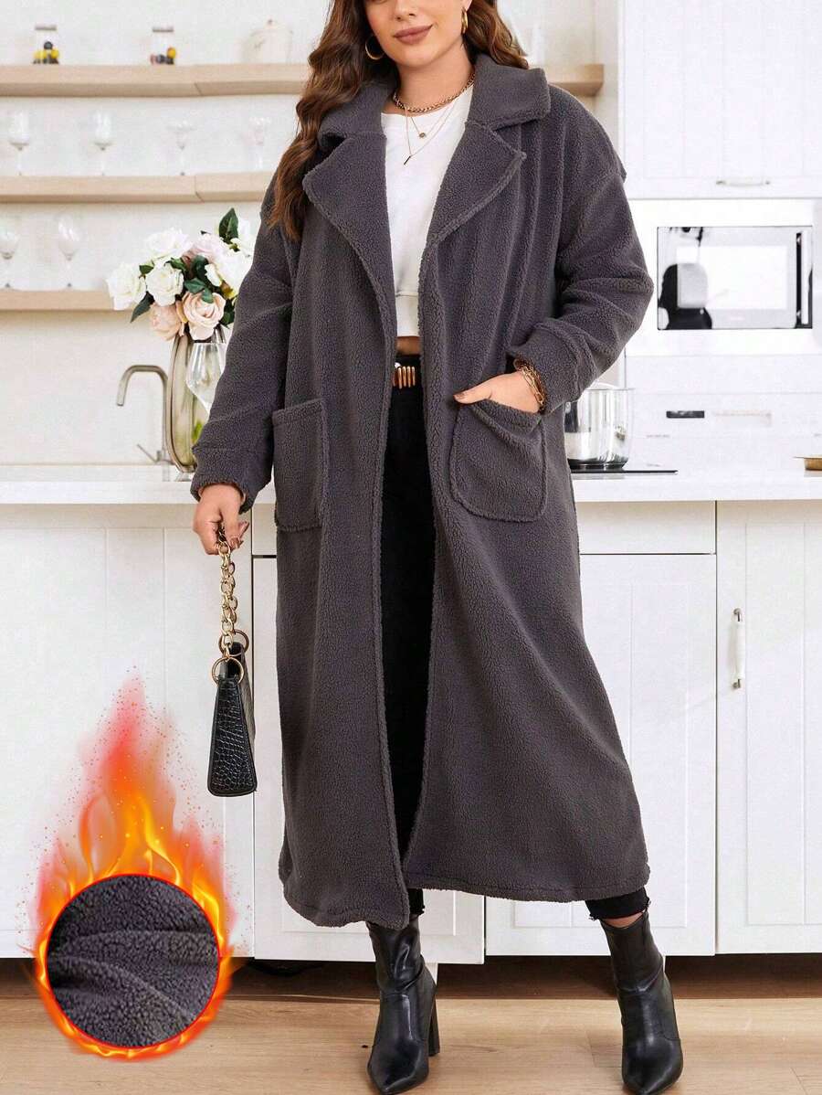 Calvaya Plus Size Women's Solid Color Collared Long Sleeve Dual Pocket Long Casual Thermal Jacket, Autumn/Winter - Grey - View 1