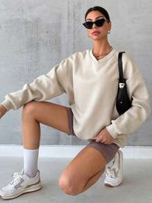 RueChic Solid Drop Shoulder Sweatshirt For Autumn & Winter - Beige - View 5