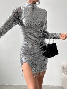 RueChic Stand Collar Shiny Split Hem Dress - Silver - View 4