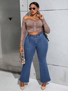 SHEIN Essnce 大码高腰紧身喇叭牛仔裤，性感保暖牛仔裤，适合圣诞节和新年夜穿着 - 中等水洗藍 - 查看 4