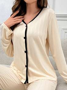 Ladies Solid Color Ribbed Top For Home Wear - Apricot - View 1