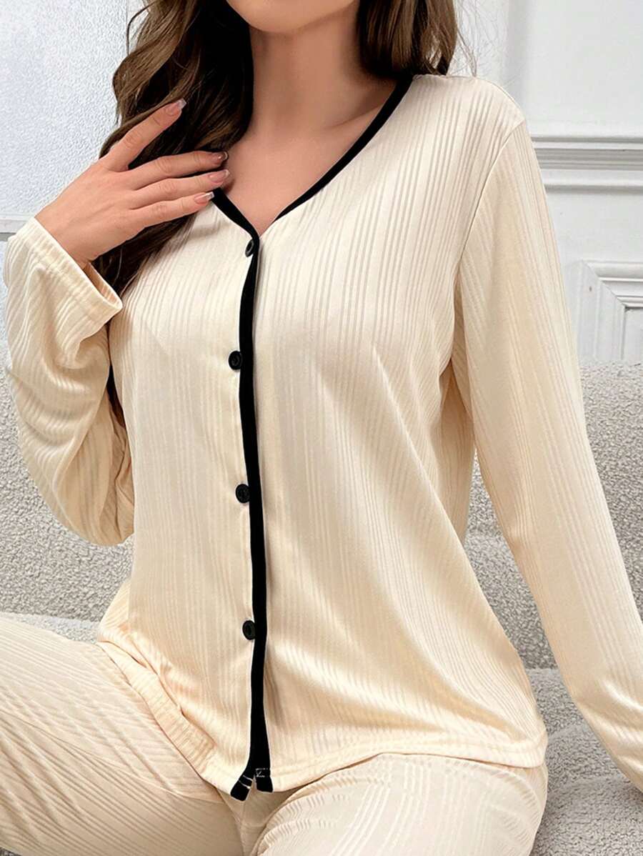 Ladies Solid Color Ribbed Top For Home Wear - Apricot - View 1