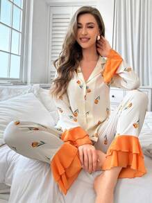 CottageSlumber 女士花卉印花拼接荷叶边装饰睡衣套装，适合假日、秋冬季穿着，舒适优雅。 - 杏色 - 查看 5