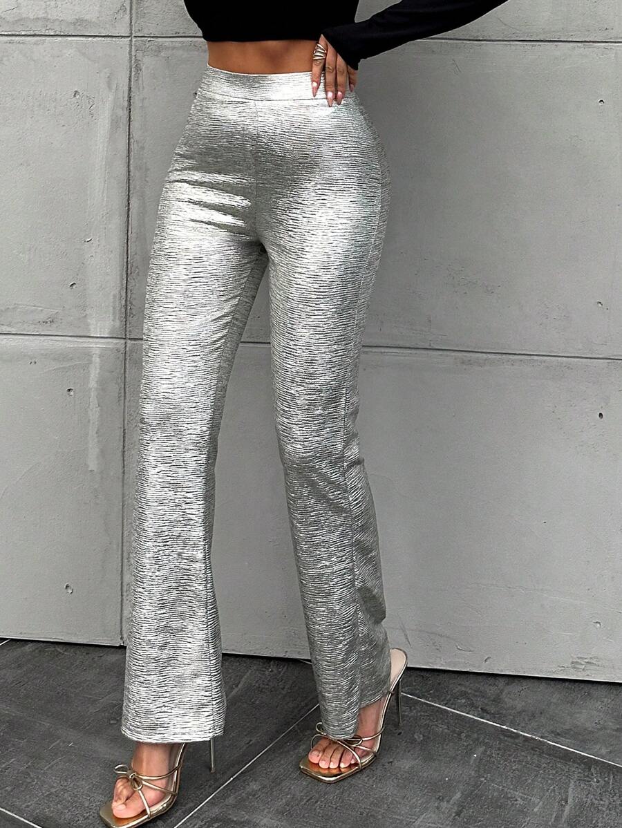 EURMUSE Women's Metallic Bell Bottom Pants - Silver - View 1