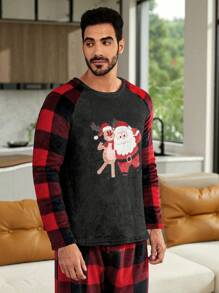Men 1pc Buffalo Plaid & Christmas Print Raglan Sleeve Sleep Tee & 1pc Sleep Pants