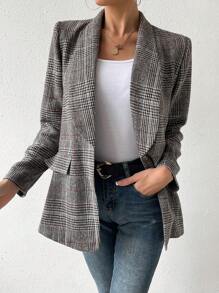 SHEIN Essnce Của phụ nữ Kẻ sọc Khăn quàng Áo vest - Xám - Xem 5