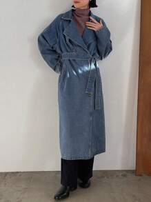 FRIFUL Women's Long Denim Jacket With Waist Belt