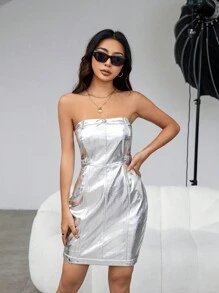 Aveloria Metallic Pu Strapless Dress - Silver - View 4