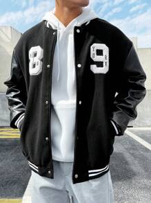 Manfinity Homme 男式大尺寸pu皮革袖子飛行夾克,附有字母刺繡和條紋飾邊 - 黑色 - 查看 1