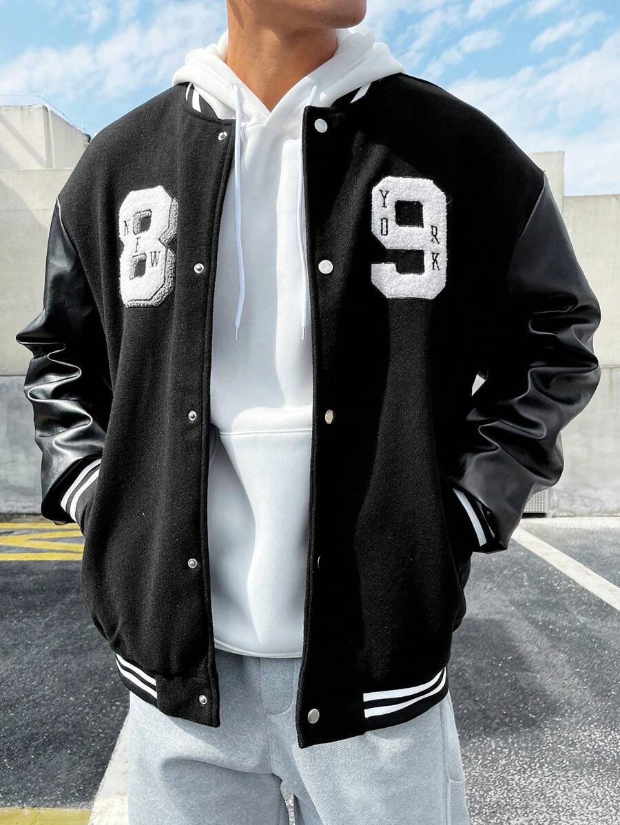 Manfinity Homme 男式大尺寸pu皮革袖子飛行夾克,附有字母刺繡和條紋飾邊 - 黑色 - 查看 1