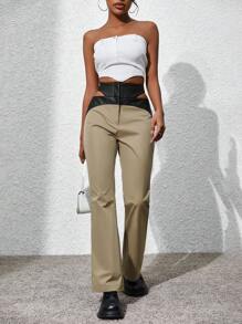 SHEIN LUNE Pantalones Largos Con Cintura Elástica Y Recorte Casual De Otoño / Invierno - Caqui - Ver 6