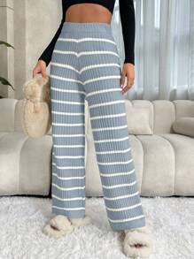 SHEIN LUNE Women Sweater Pants Striped Casual - Biru - View 6