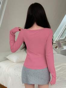 DAZY Solid Color Square Neck Long Sleeve T-Shirt,Fall Clothes - Pink - View 4