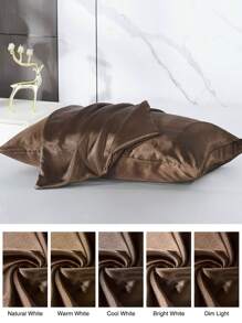 2 件套涤纶缎面枕套 - 纯色枕套，温和呵护秀发和肌肤，采用信封封口设计，不含枕芯，适用于卧室、宿舍、旅行 - 咖啡棕 - 查看 5