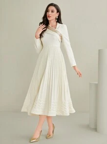 Modelyn Asymmetrical Neck Embroidered Pleated Long Sleeve Dress Without Belt