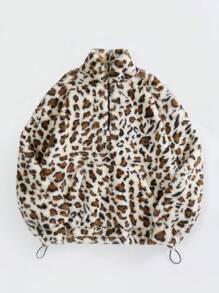 SHEIN EZwear Leopard Print Fleece Half Zip Hoodie - Khaki - View 3