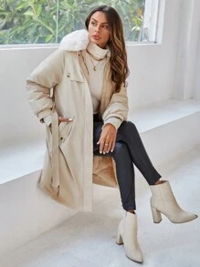 SHEIN Essnce 休闲夹棉大衣，带毛领，百搭撞色，冬季服装 - 米色 - 查看 1