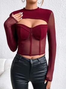 SHEIN Privé Áo lưới hở lưng tương phản cho nữ - Màu Đỏ Sâu - Xem 6