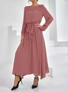 SHEIN Privé Solid Color Women's Belted Dress Modest Dress - Dusty Pink - View 5