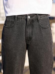 Manfinity Homme Jeans casuales entallados para hombre con bolsillos en diagonal, jeans negros lisos y ajustados, jeans cargo negros lisos lavados, regalos para esposo y novio