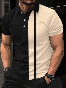 Manfinity Homme Men Color Block Quarter Button Work Casual Polo Shirt, Boyfriend Gift - Black - View 3