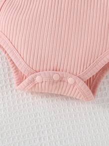 SHEIN Baby Girls' Cartoon Patch Solid Color Ribbed Pajamas Set - Pink - View 3