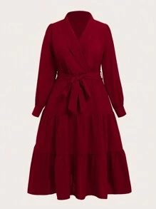 Calvaya 女士大碼披肩領腰帶連身裙 - 酒紅色 - 查看 1