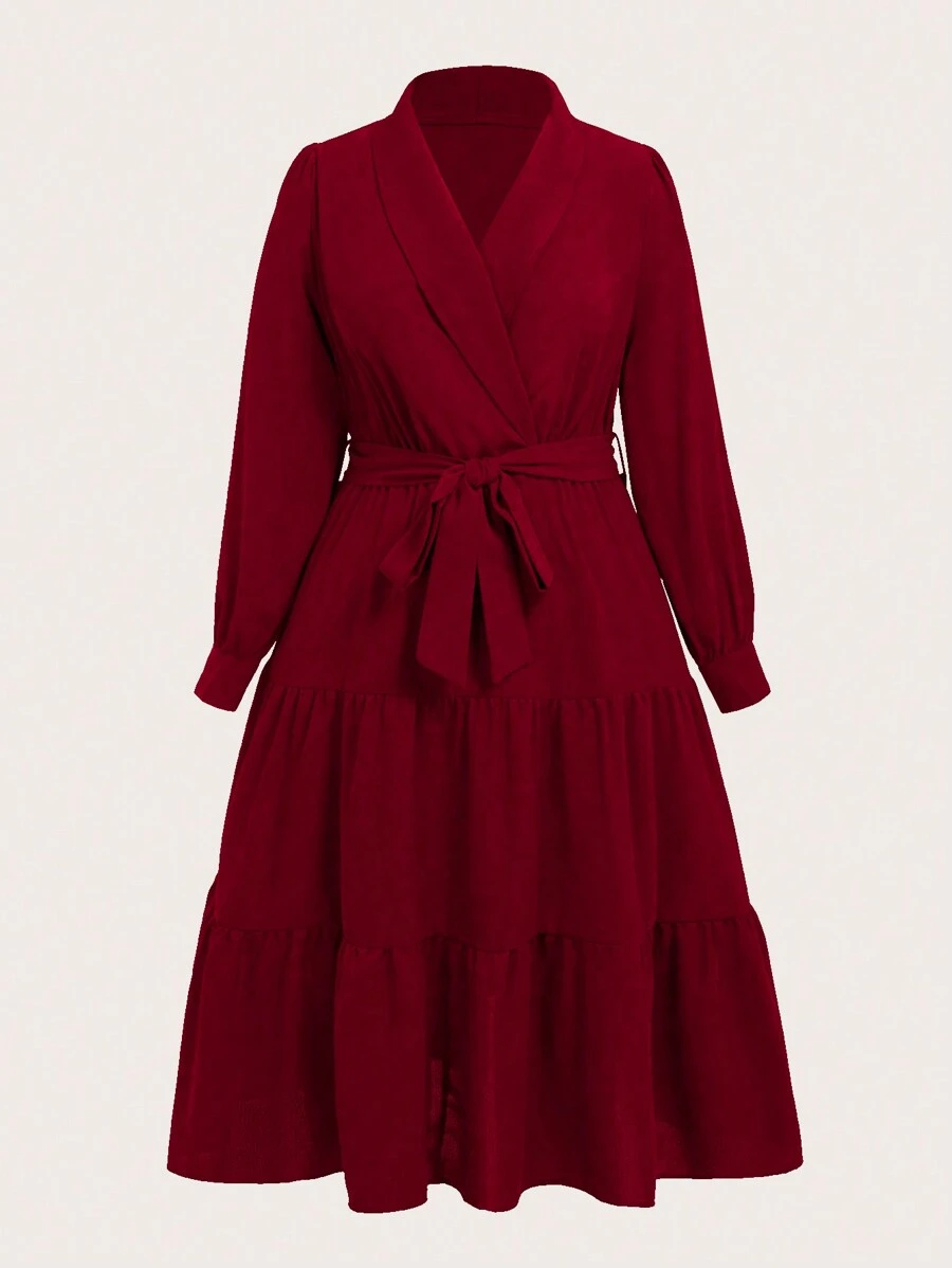 Calvaya 女士大碼披肩領腰帶連身裙 - 酒紅色 - 查看 1