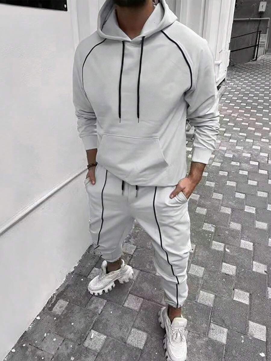 Manfinity Bộ áo hoodie và quần dài có dây rút và tay áo Raglan cho nam - Màu Xám nhạt - Xem 1