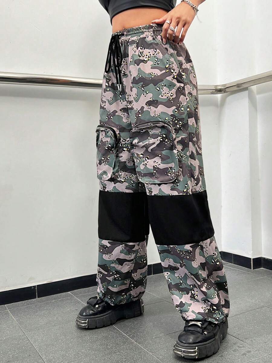 SHEIN EZwear Women's Patchwork Drawstring Waist Wide Leg Pants With Pocket Decoration - Black - View 1