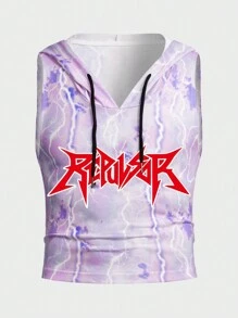 ROMWE MEN Grunge Punk Men's Hooded Letter Print Drawstring Tank Top