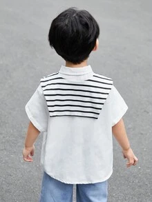 SHEIN 男童舒適短袖純色襯衫,條紋披肩,休閒風格 - 白色 - 查看 3