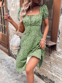 SHEIN VCAY 女款花朵泡泡袖裙 - 綠色 - 查看 4