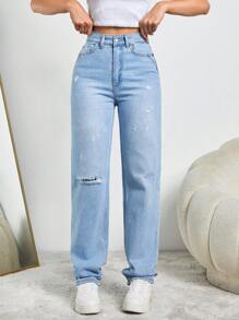 EURMUSE Damen Jeans Mit Geradem Bein Und Zerrissenem Stil, Mit Schrägen Taschen - Mittele Waschung - Übersicht 1