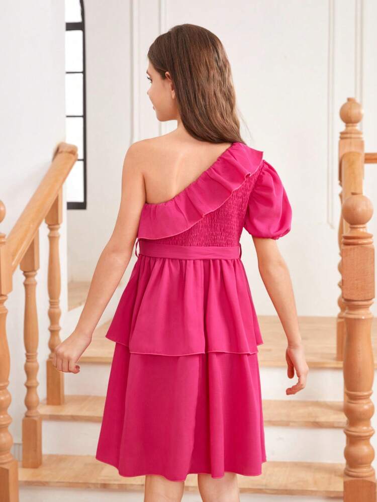 Girls' Woven Solid Color Asymmetrical Neck Dress With Ruffle Hem And Detachable Belt