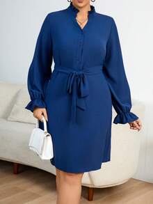 Celure Plus Size Notched Collar Ruffle Sleeve Belted Dress - Royal Blue - View 5